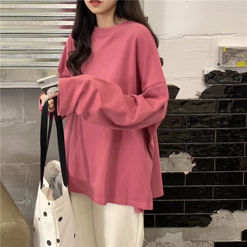 Brownm Brownm Autumn Outfit Slit Solid Color Long Sleeve T-Shirt Women Fashion Bottom Shirt Korean Fashion Students Wear Loose Clothes