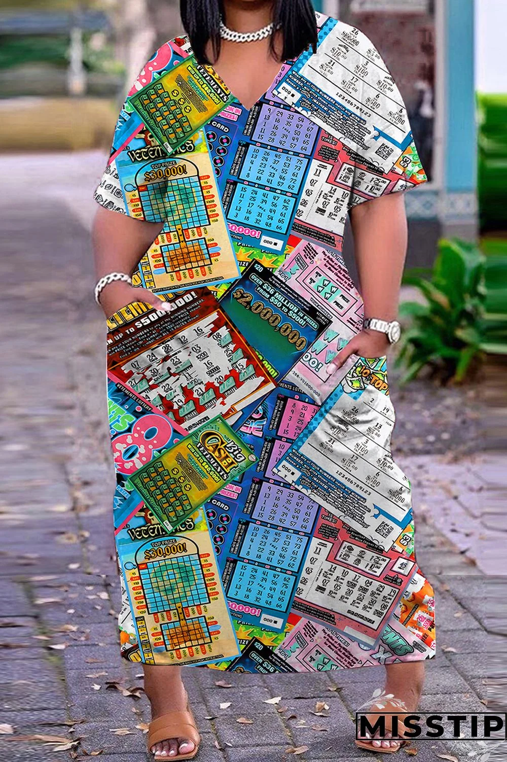 Dark Blue Casual Print Patchwork V Neck Short Sleeve Dress