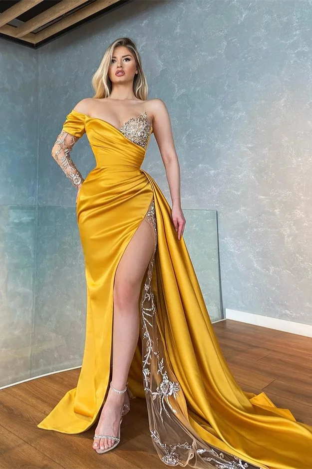 Off-the-Shoulder Yellow Gold Mermaid Prom Dress Split With Beads - lulusllly