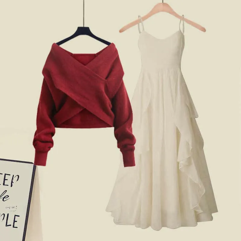 Cross Knit Sweater Flouncing A-line Slip Dress Two Pieces