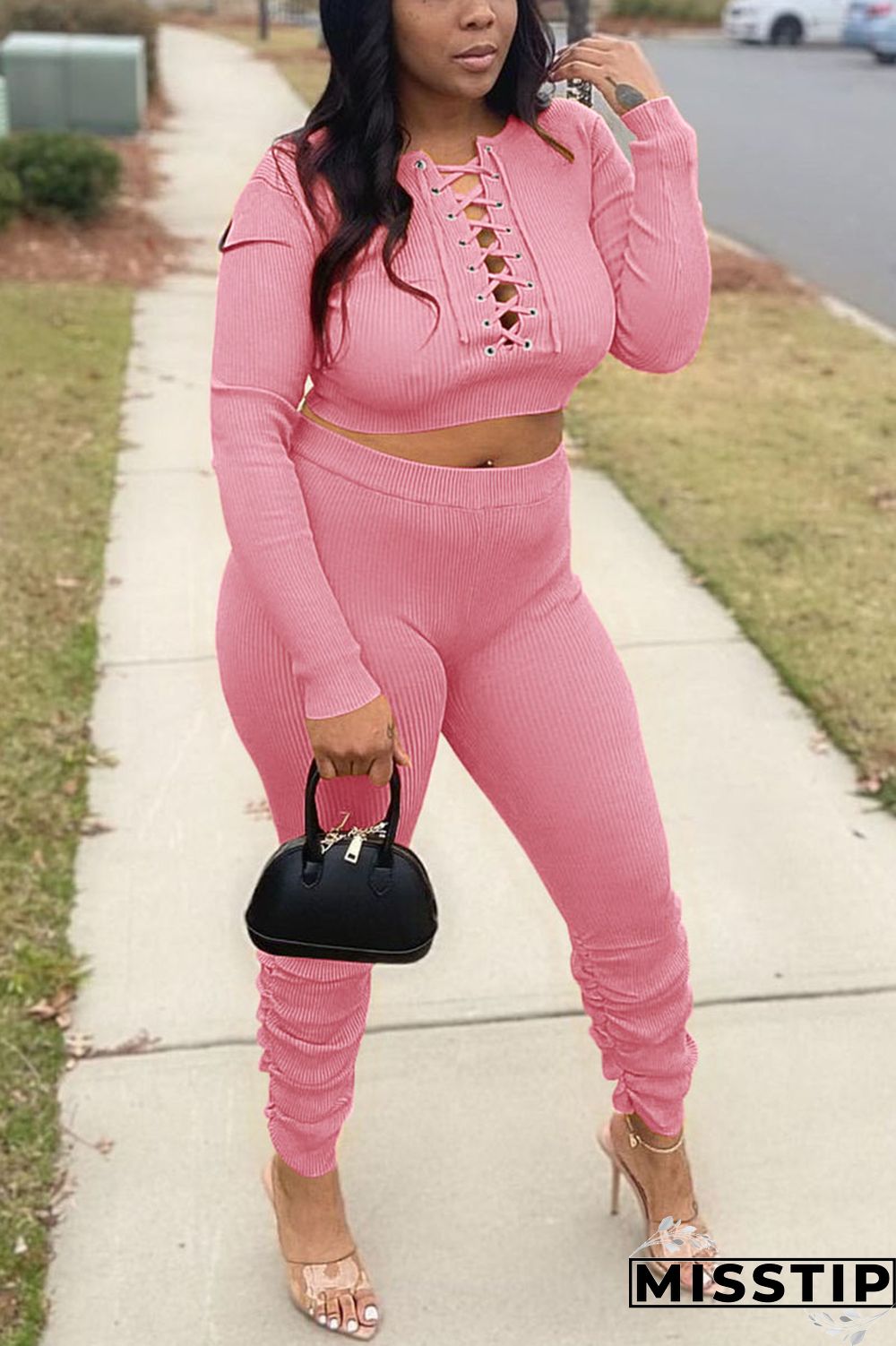 Pink Casual Solid Patchwork O Neck Long Sleeve Two Pieces