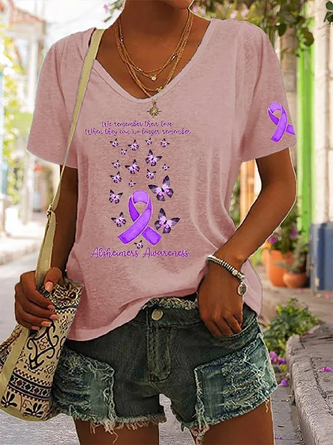 Women's Alzheimer Disease Butterfly Purple Ribbon Alzherimers Awareness Support V-Neck Tee socialshop