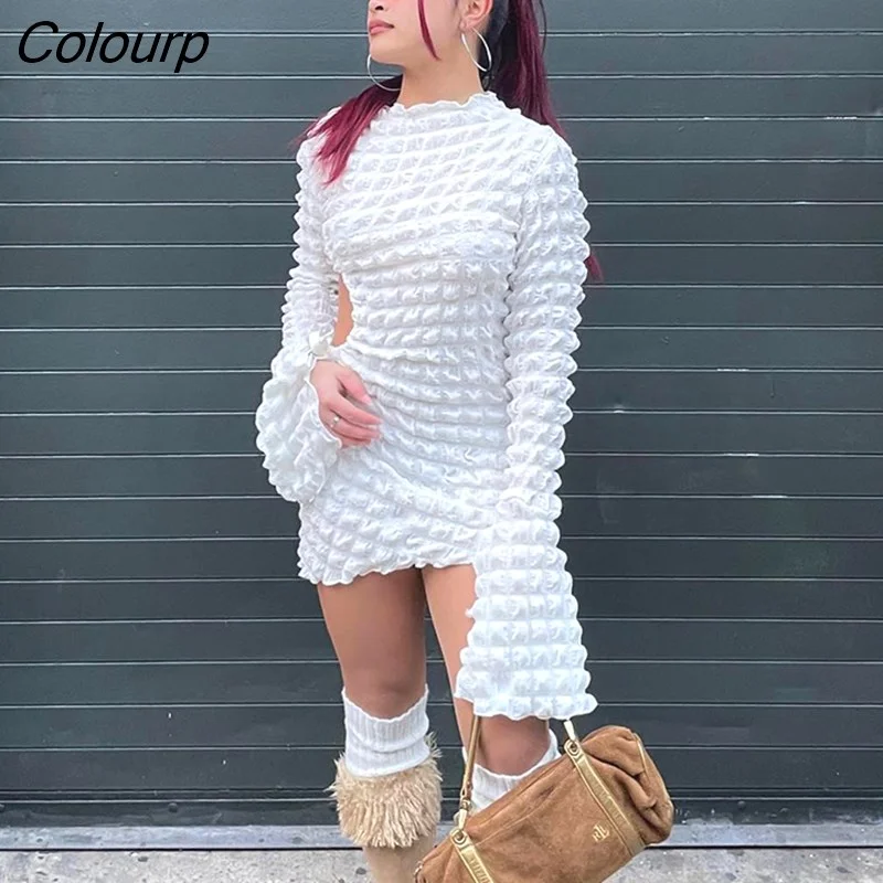 Colourp Summer Women Chiffon Sexy Y2K Clothes Lace Up Draw String Long Sleeve Hollow Out Bodycon Mini Dress Outfits Club Party