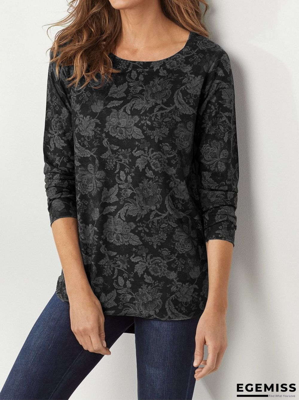 Casual Floral Round Neck Long Sleeve Shirts & Tops | EGEMISS