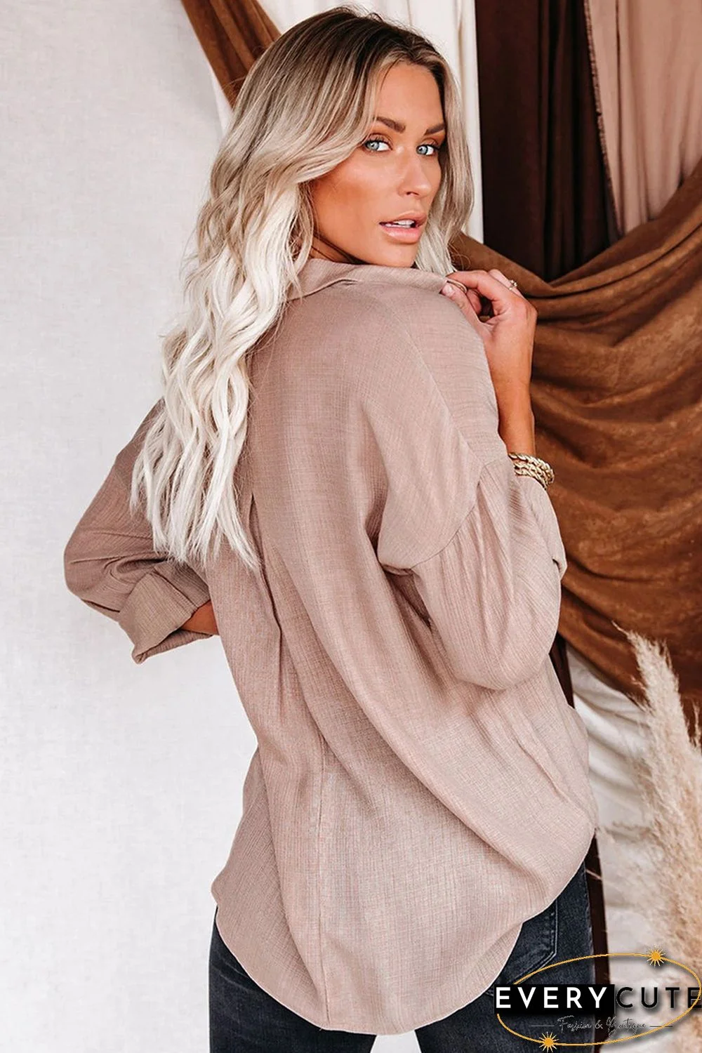 Khaki Buttoned Long Sleeve Shirt with Pocket
