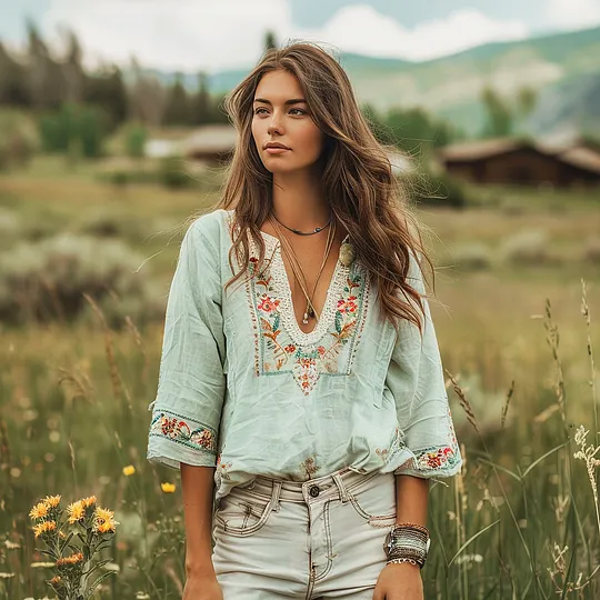 Bohemian Floral Embroidered Blouse with Casual Denim Shorts