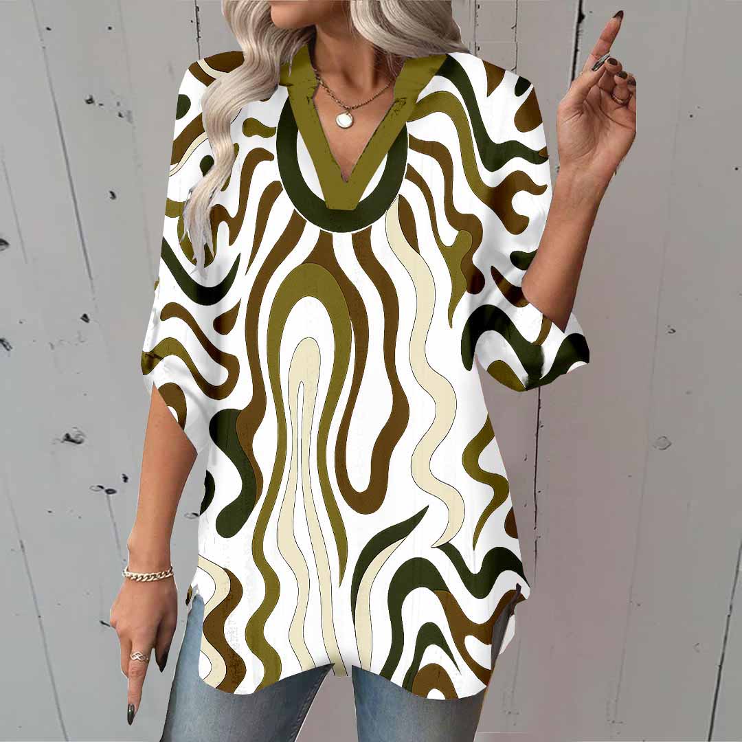 Women Abstract, Black, Brown DZGA0168 3/4 Sleeve V-neck Printed Graphic Button Tops