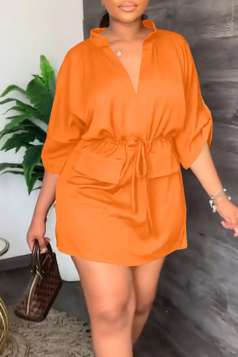 Tangerine Casual Solid Patchwork Draw String V Neck Straight Dresses
