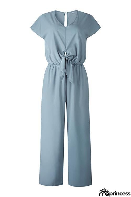 V Neck Knot Short Sleeve Jumpsuit