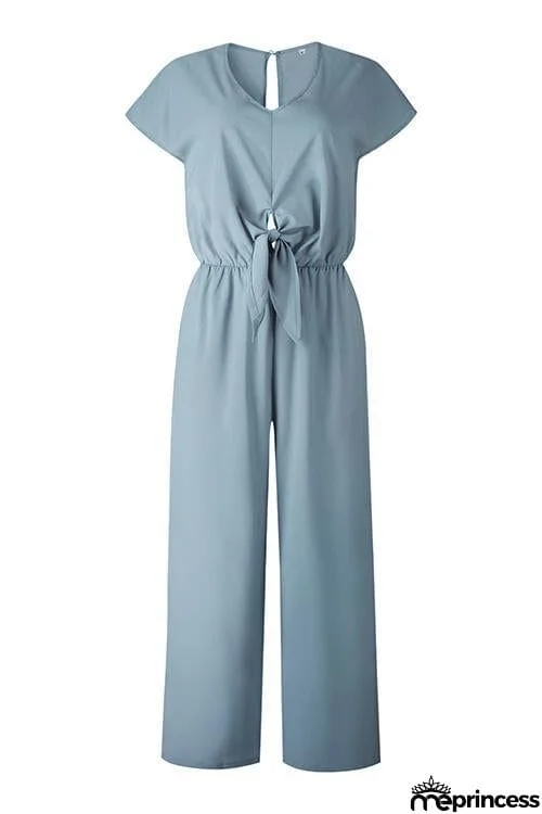 V Neck Knot Short Sleeve Jumpsuit