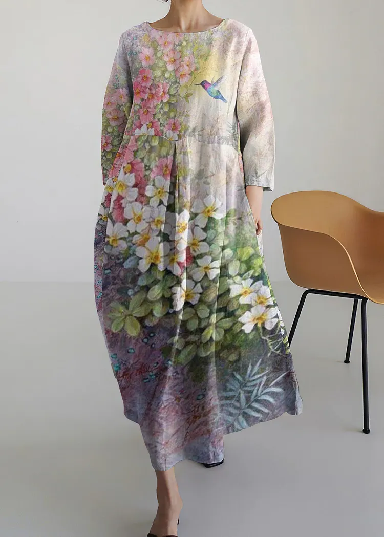 Vintage Bird And Floral Round Neck Long Sleeve Midi Dress