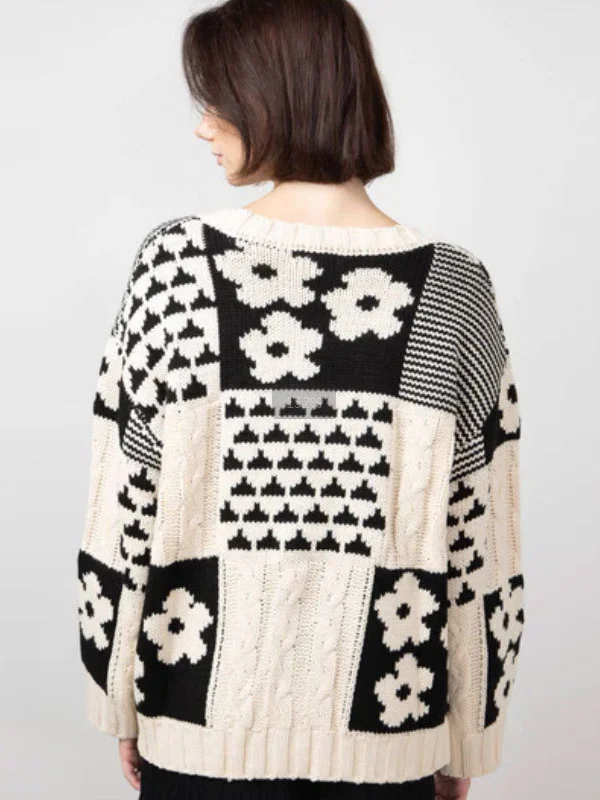 Athvotar Athvotar And Winter Sweater Women's Square Flowers Casual Loose Round Collar Knitted Shirt