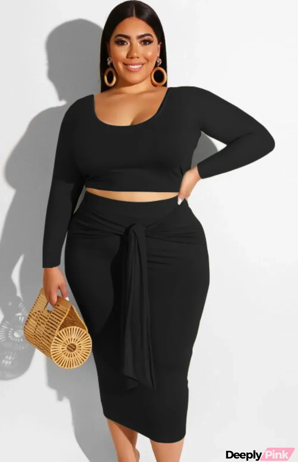 Fall Plus Size Black Crop Top and Midi Skirt Set