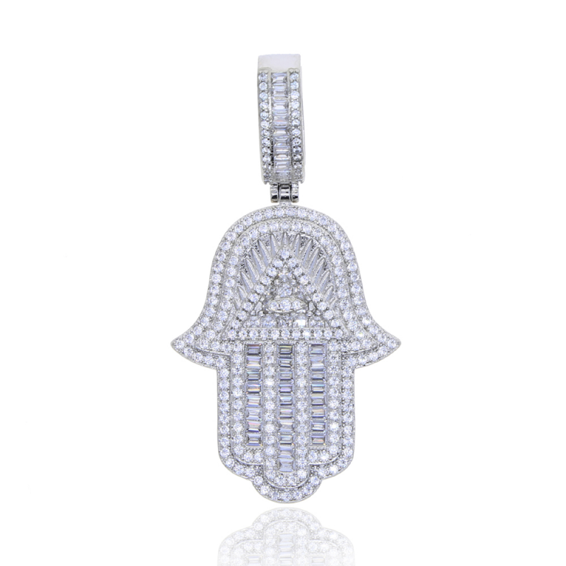Iced Out Bling Lucky Turkish Evil Eye Hamsa Hand Pendant Two Tone Necklace-VESSFUL