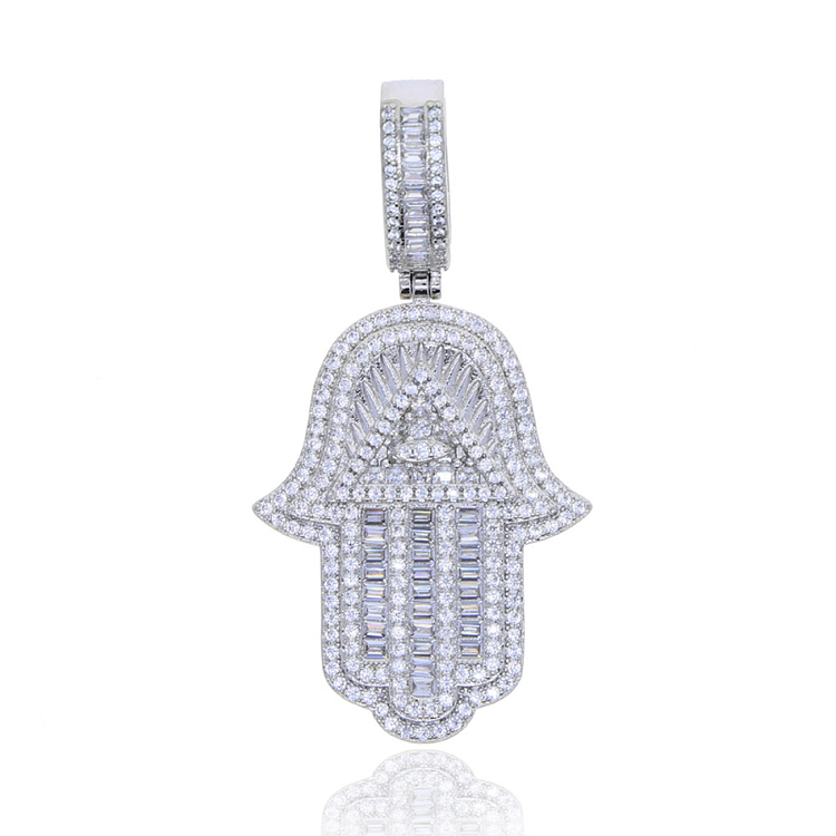 Iced Out Bling Lucky Turkish Evil Eye Hamsa Hand Pendant Two Tone Necklace-VESSFUL