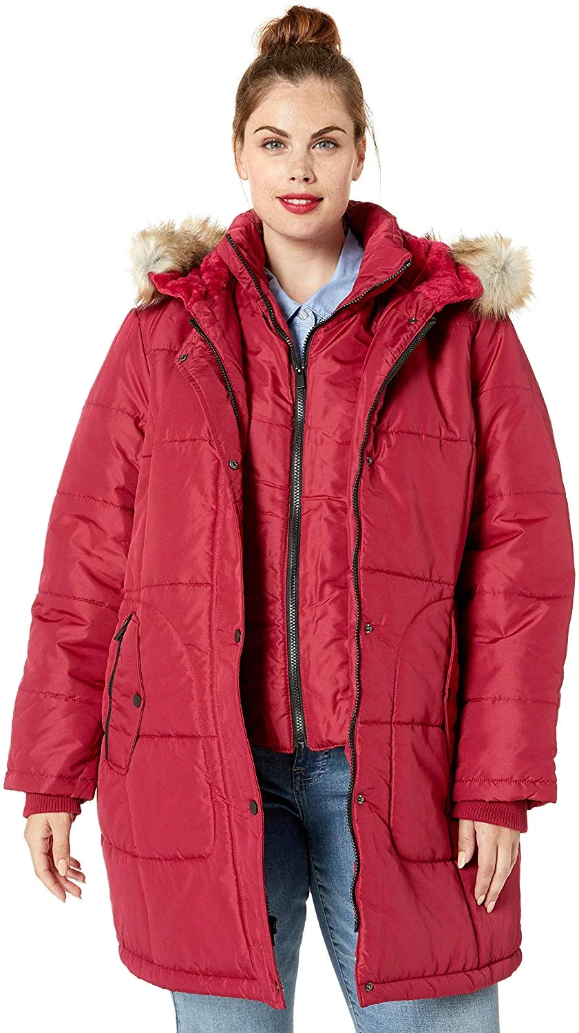 Women's Thigh-Length Puffer Jacket with Sweatshirt Bib