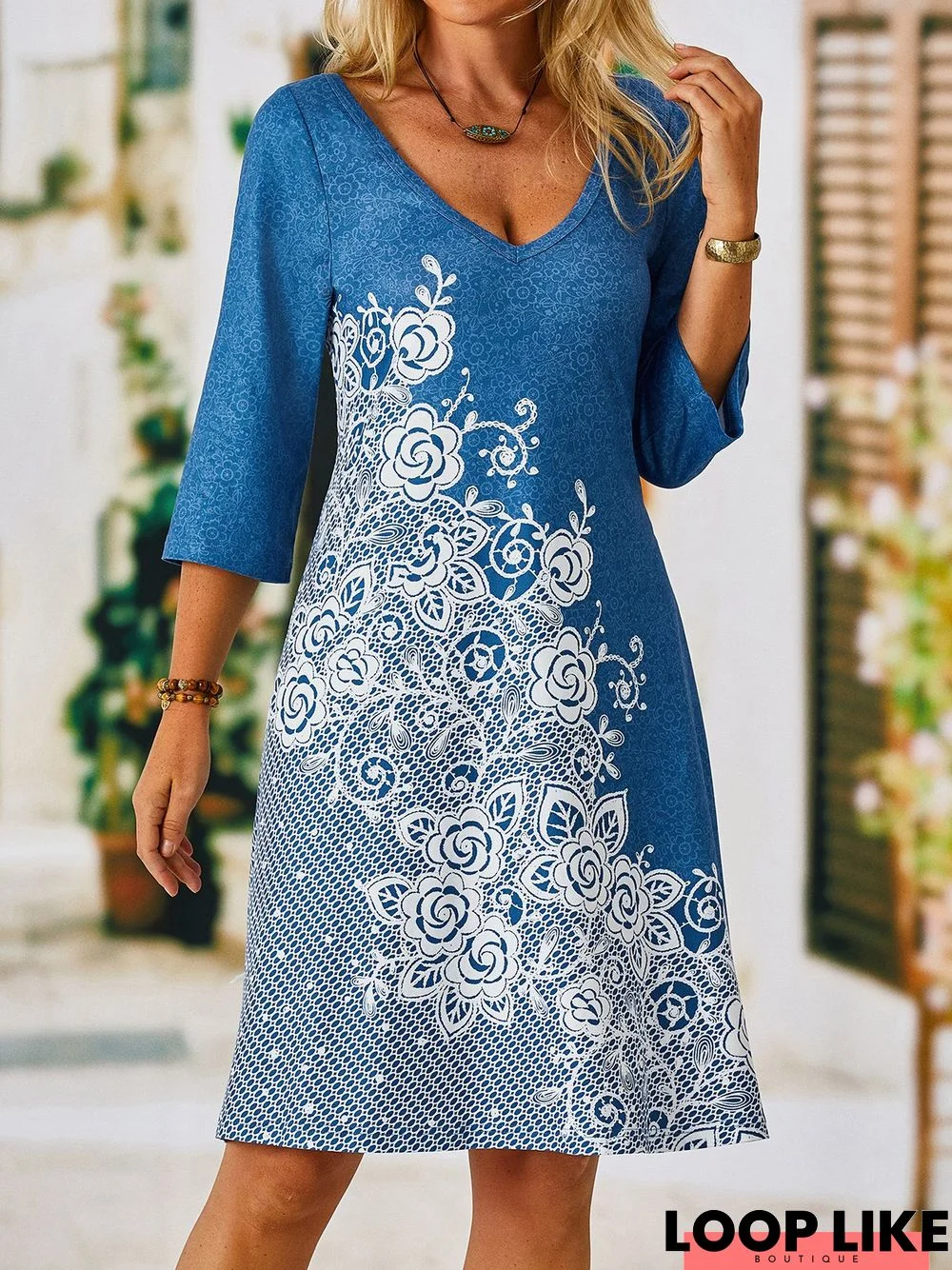 Floral 3/4 Sleeve V Neck Casual Tunic Dress