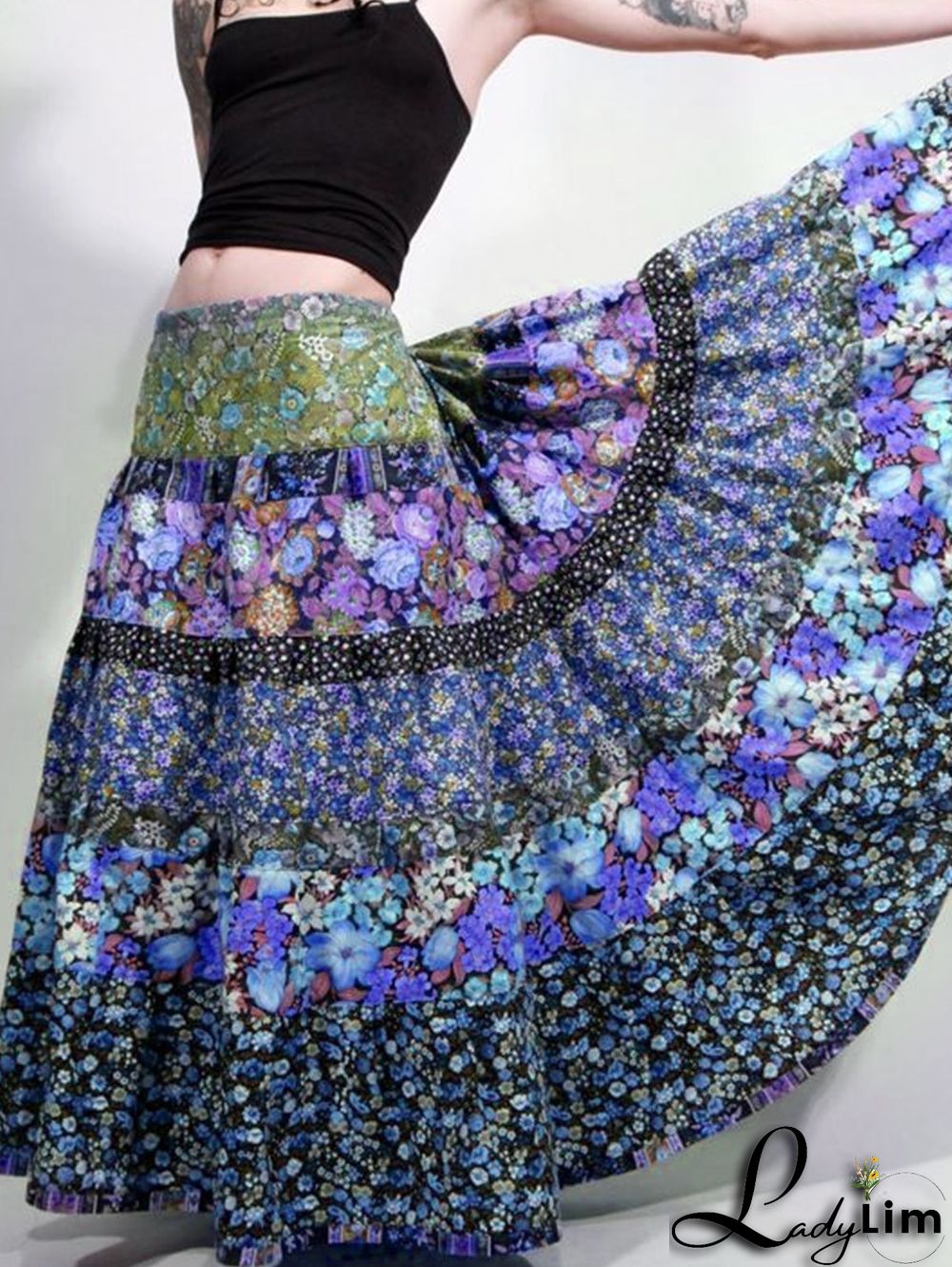 Bohemian Floral Patchwork Big Swing Maxi Tiered Skirt