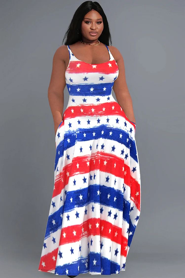 Xpluswear Design Plus Size Casual Striped Flag Stars Striped Print Colorblock U Neck Cami With Pockets Maxi Dresses