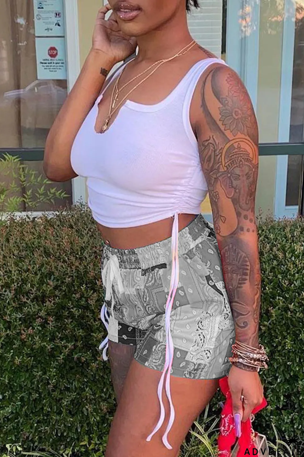 Grey Sexy Print Ripped Contrast Spaghetti Strap Sleeveless Two Pieces