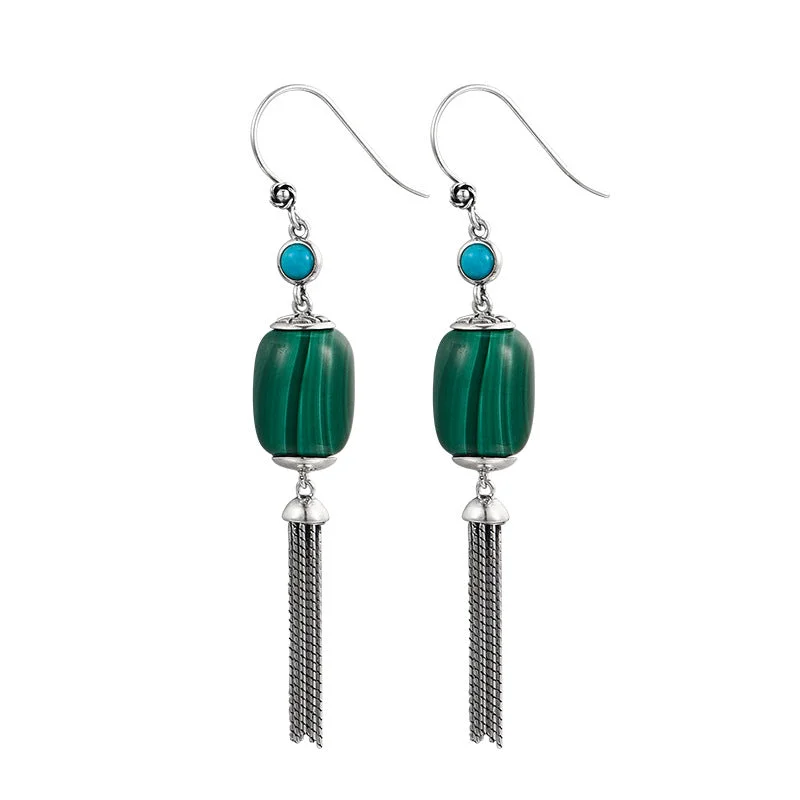 S925 Silver Malachite Tassel Retro Ethnic Earrings