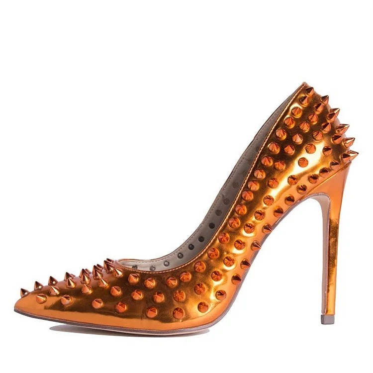 Orange Metallic Rivets Stiletto Heels Pumps |FSJ Shoes