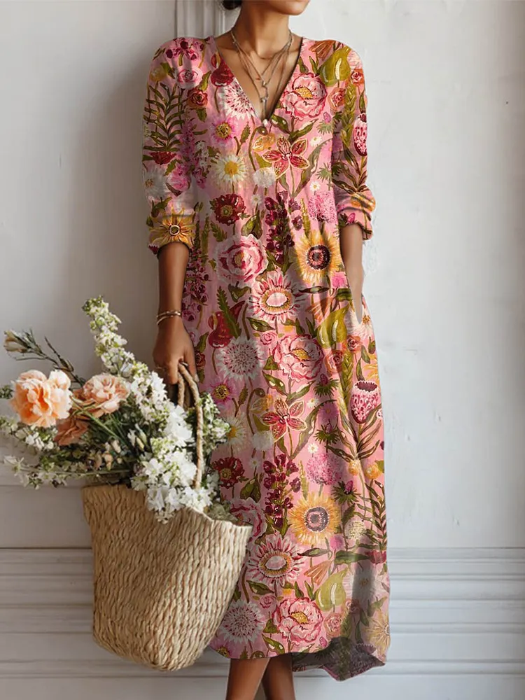Women's Vintage Floral Art Print Cotton And Linen Pocket Dress