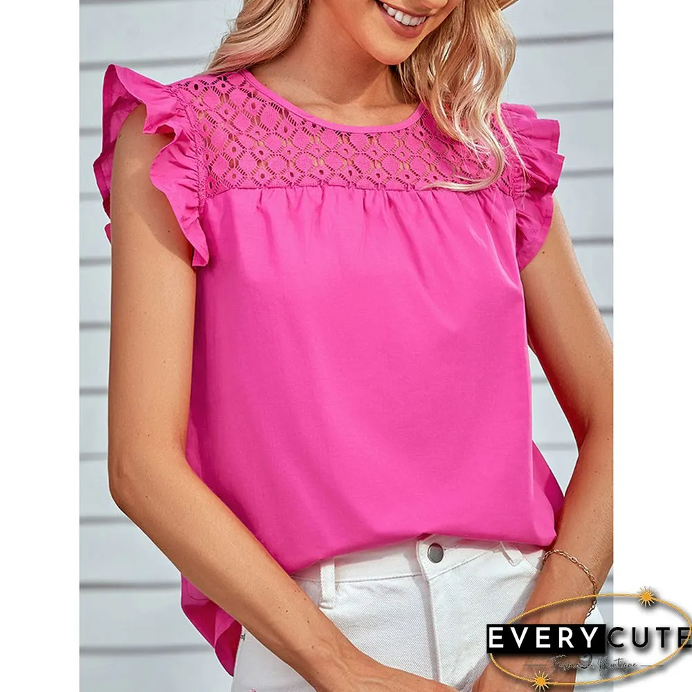 Pink Spliced Lace Neck Ruffled Sleeve Tank Top