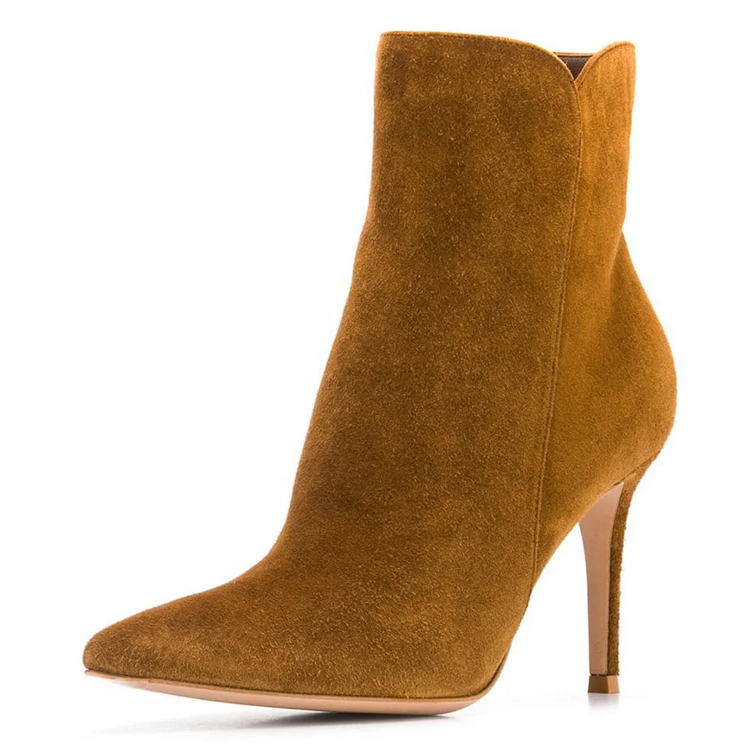 YDN Tan Vegan Suede Zipper Stiletto Heel Short Boots for Women