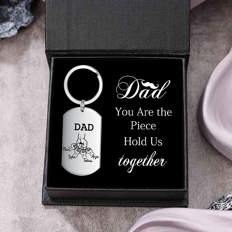 4 Kids' Names-Custom Dad Fist Bump Keychain Set With Gift Card Gift Box For Dad