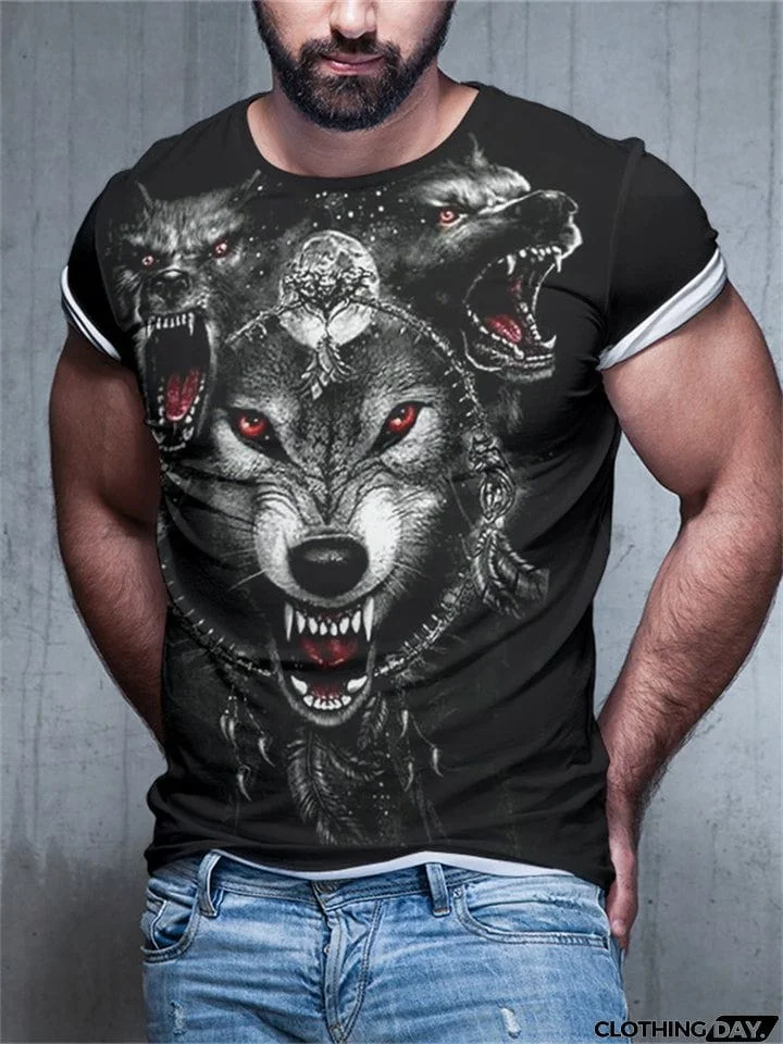 Men's Casual 3D Wolf Printing Short-sleeved Crewneck T-shirts