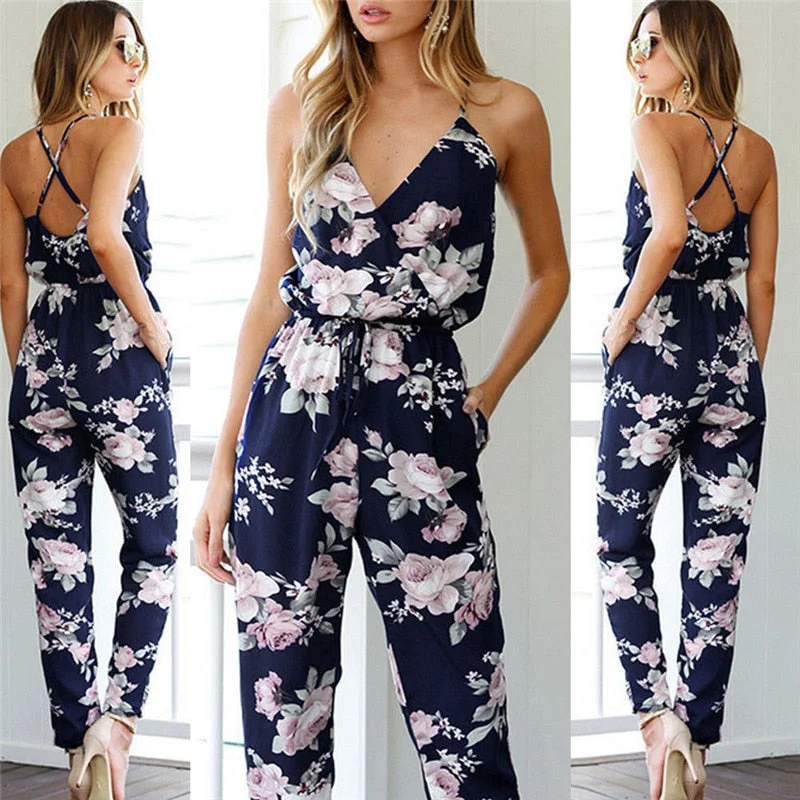 Women Jumpsuit Sleeveless Strappy V-Neck Floral Romper Overalls Fashion Summer Ladies Backless Pencil Trousers Jumpsuit