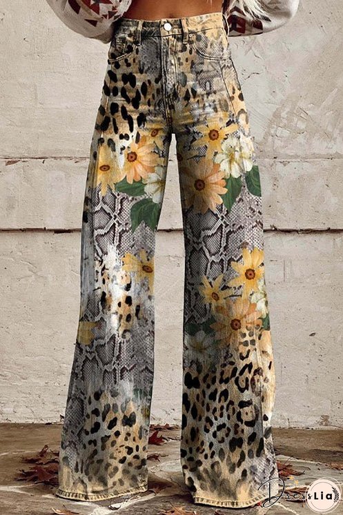 Meridress Leopard Floral Print Wide Leg Pocketed Pants