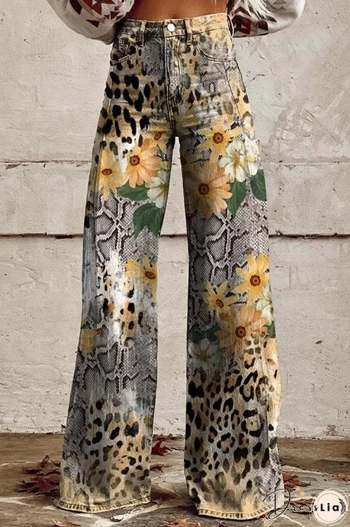 Meridress Leopard Floral Print Wide Leg Pocketed Pants