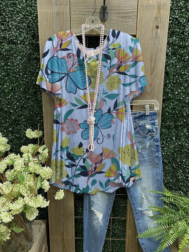 Multiple colors-ladies butterfly print casual T-shirt-Mayoulove