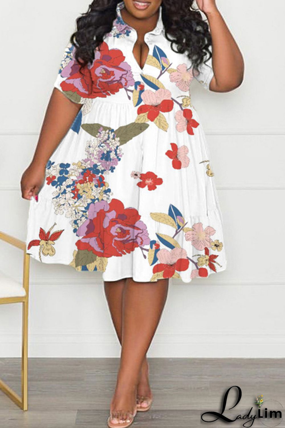 Purple Casual Print Patchwork Fold Turndown Collar A Line Plus Size Dresses