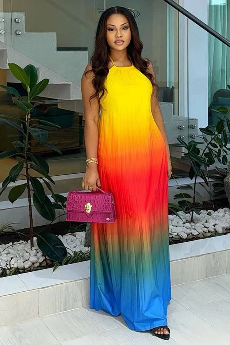 Ombre Halter Backless Loose-Fit Vacay Maxi Dresses-Multicolor [Pre Order]