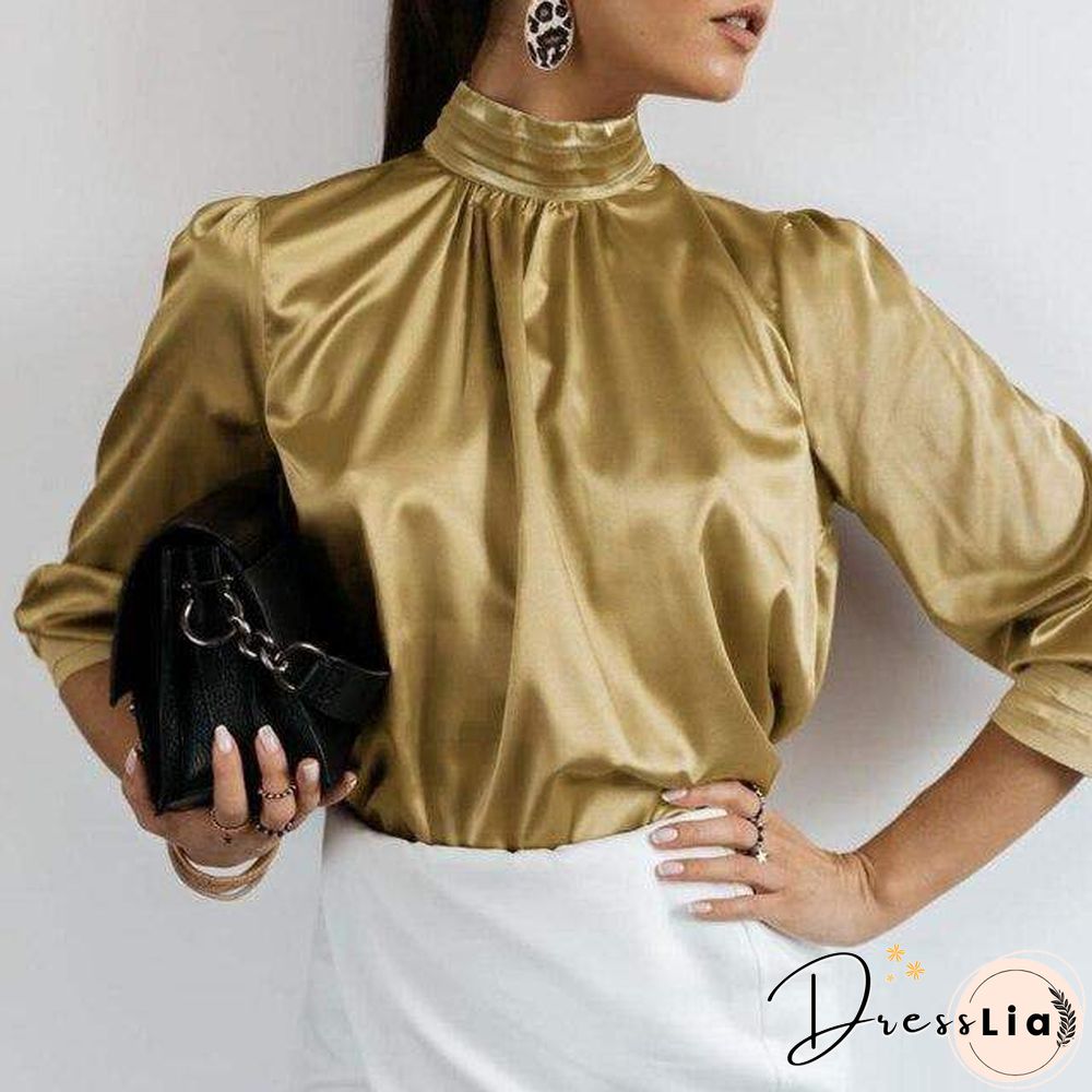Celmia Women Satin Blouses Elegant Tunic Tops Fashion Solid High Collar Silk Shirts Long Sleeve Party Blusas Femininas 5XL