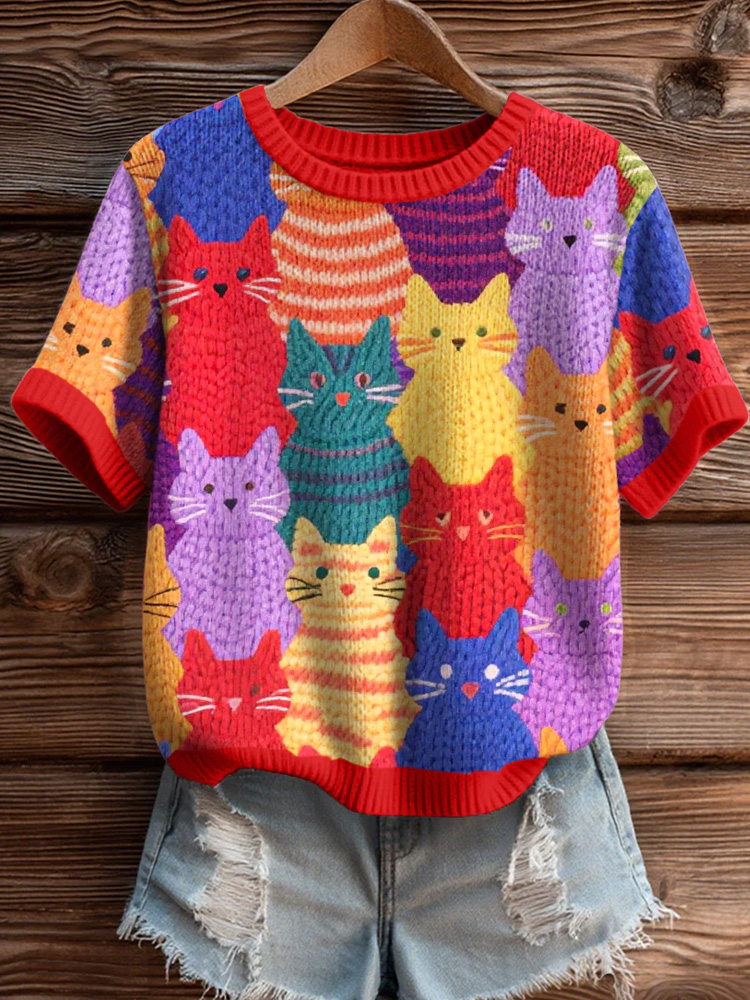 Women's Colorful Cats Pattern Cozy Knit Top