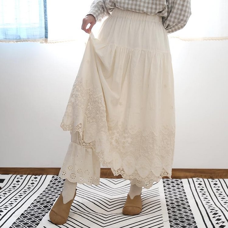 Queenfunky cottagecore style 100% Cotton Embroidered Lace Pantskirt QueenFunky