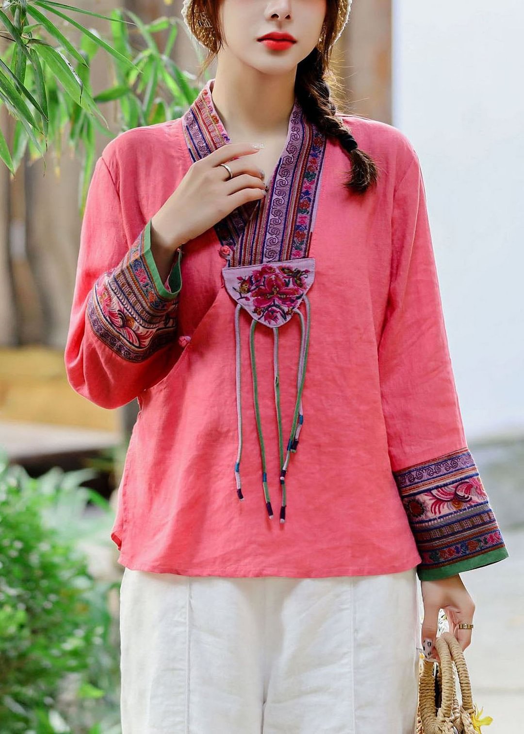 Ethnic style Red V Neck Embroideried Patchwork Linen Shirt Tops Spring CK1444- Fabulory