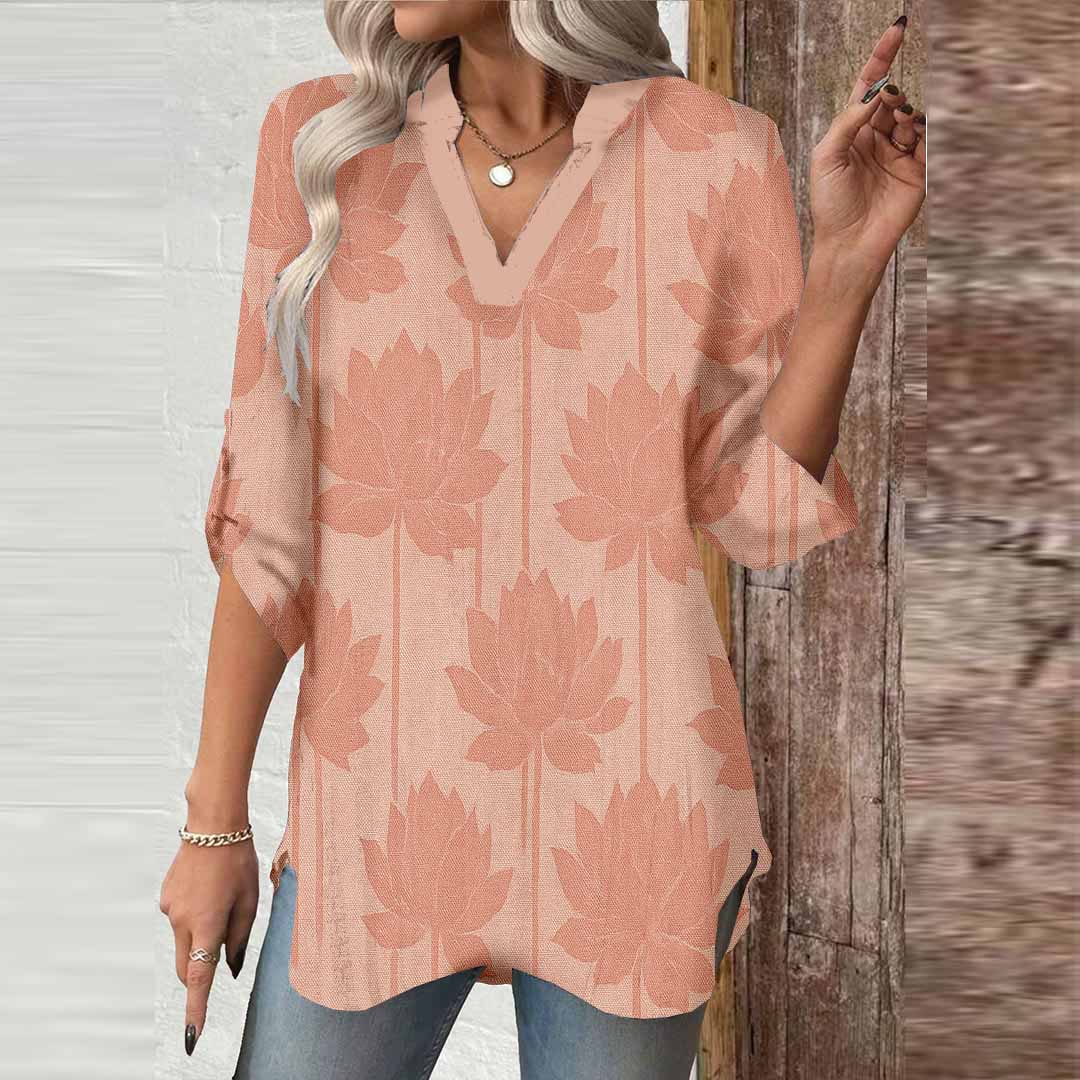 Women Leaves, Pink DZGA0386 3/4 Sleeve V-neck Printed Graphic Button Tops