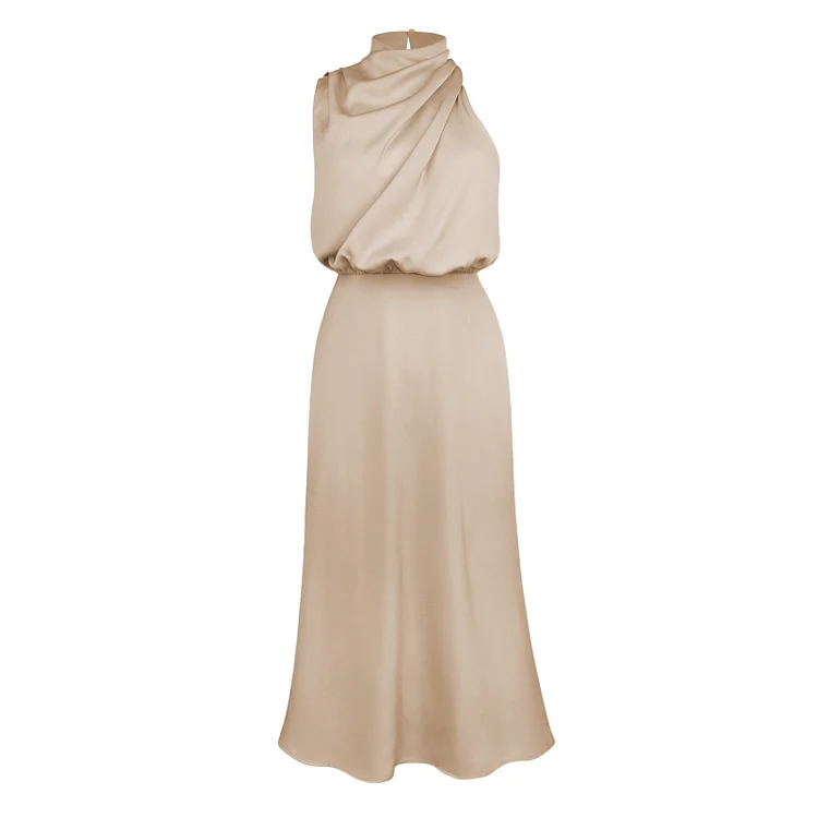 Elegant Solid Color Satin Sleeveless Midi Dress - yankia