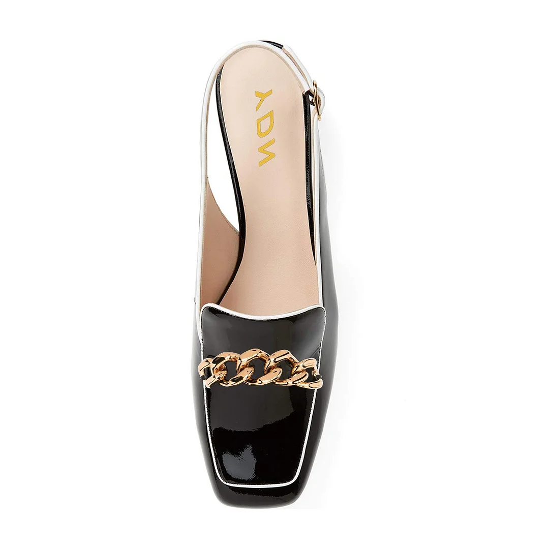 Shiny Black Patent Leather Block Heel Gold Chain Slingback Loafers 