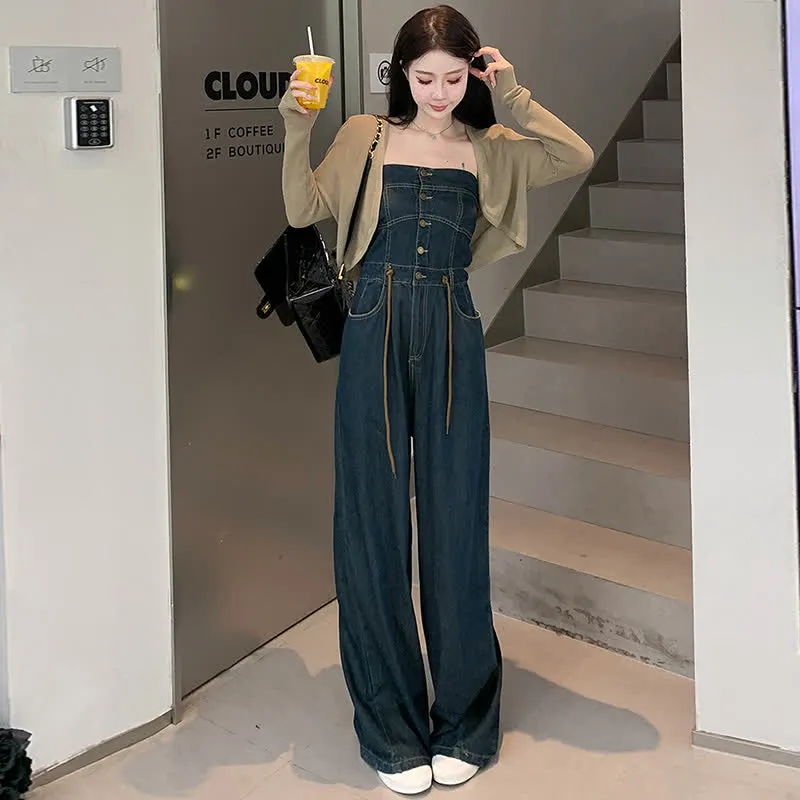 Pure Color Knit Cardigan Off The Shoulder Lace Up Denim Overalls