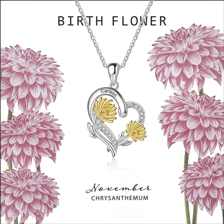 November Birth Month Flower Necklace Chrysanthemum Necklace with 2 Birthstones