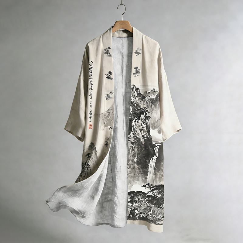 Men's Retro Landscape Painting Art Linen Long Kimono  artssus