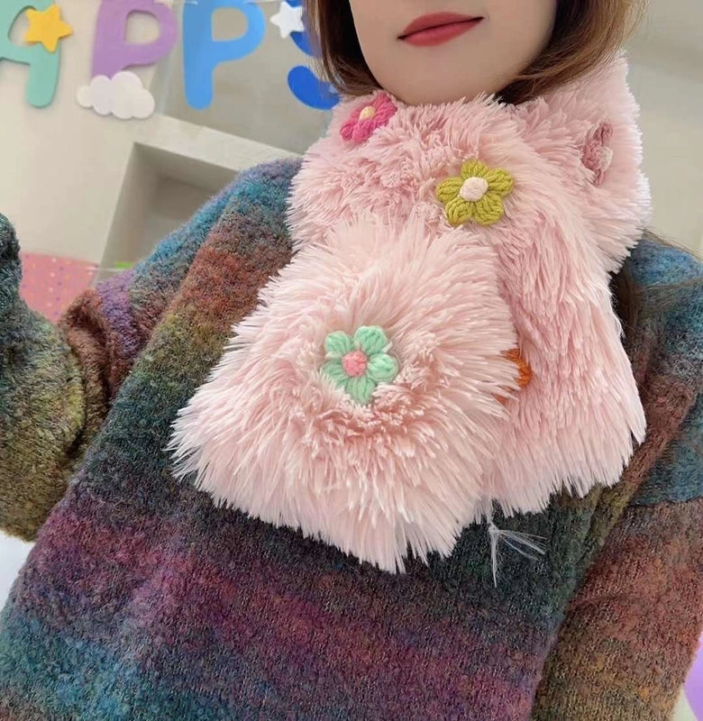 Women’s Sweet Flower Faux Rabbit Fur Scarf