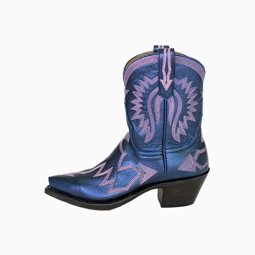 Metallic Navy Blue Snip Toe Pink Embroidered Heeled Cowgirl Boots