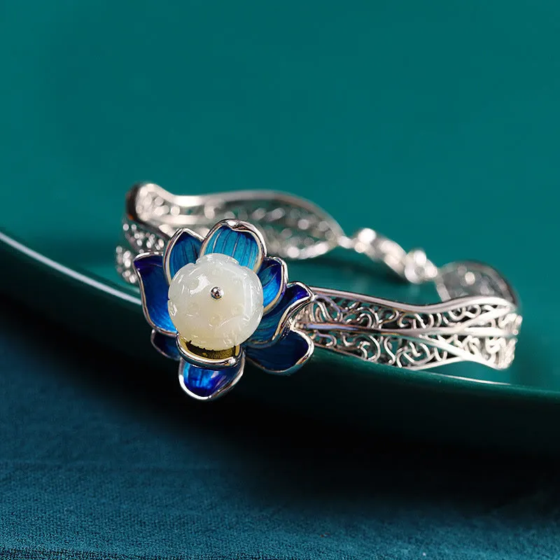 White Jade Blessing 925 Sterling Silver Bracelet Necklace Earrings Ring